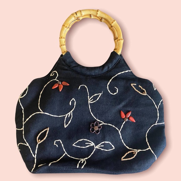 Unknown Handbags - Bamboo Top Handle Black Embroidered Wood Beaded Tote Bag